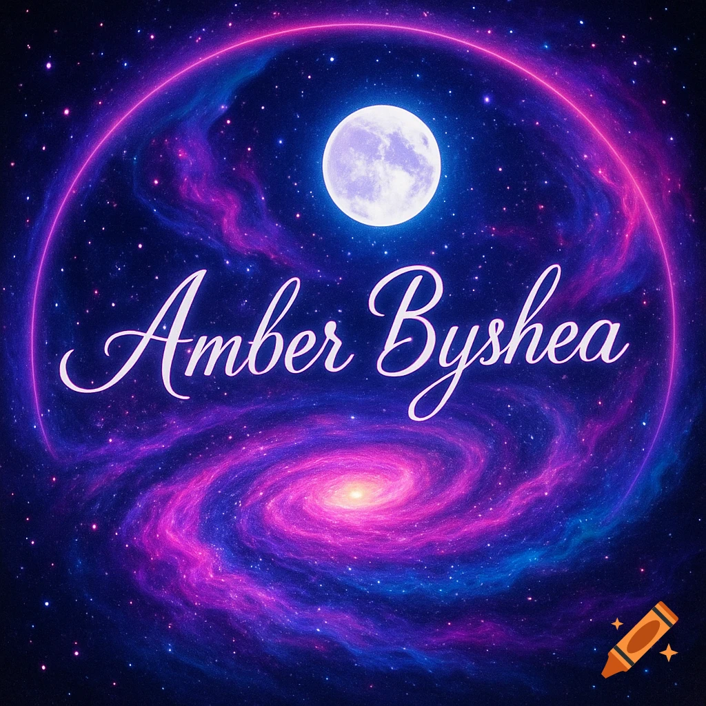 Glowing full moon, purple-pink spiral galaxy, and stars with "Amber Byshea" in script font.