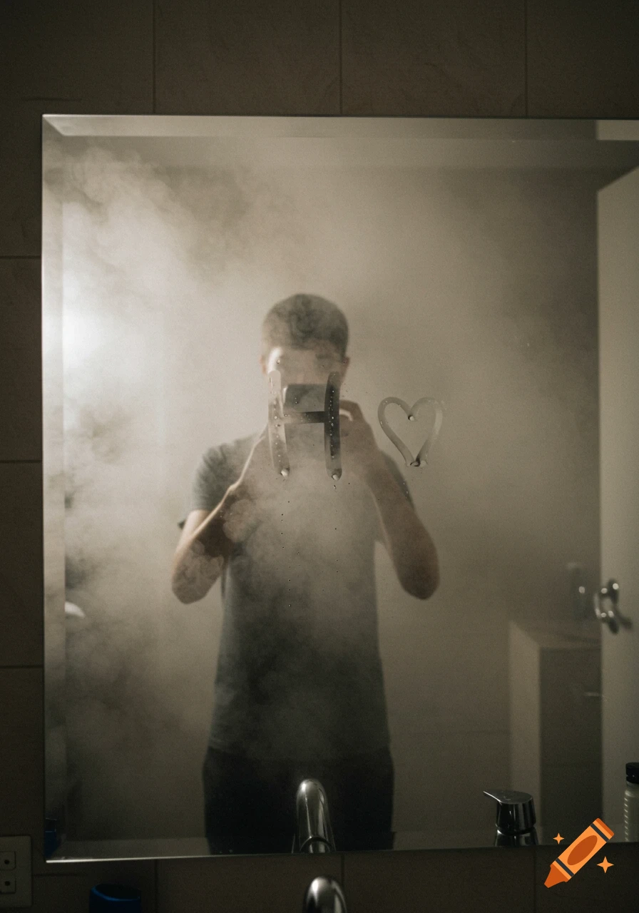 A person's silhouette taking a mirror selfie in a steamy bathroom, with an  'H' and a heart drawn on the fogged glass. on Craiyon, image size:896x1280