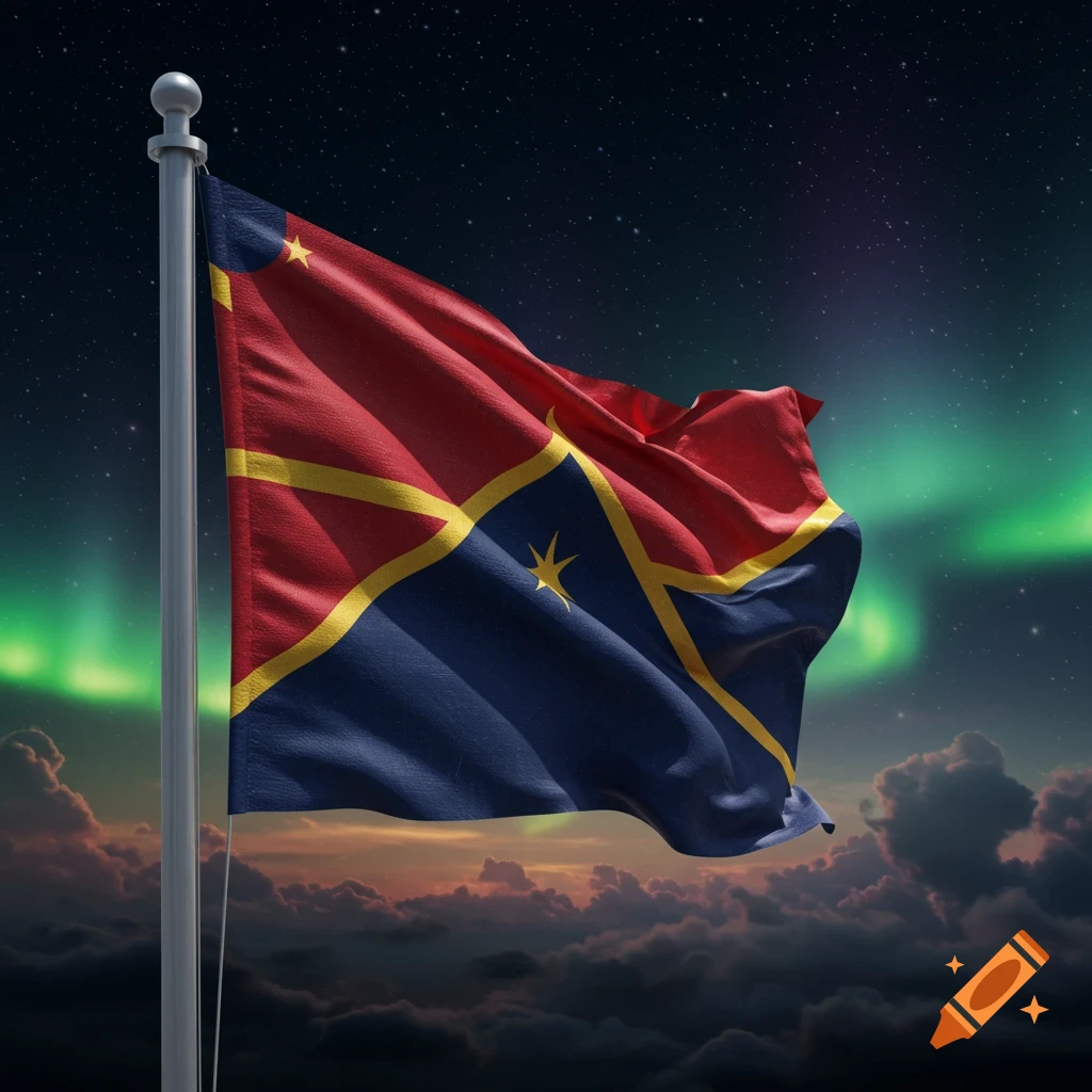 A photorealistic flag, red and blue with yellow lines and stars, waves on a pole under a starry night sky with green aurora and clouds.