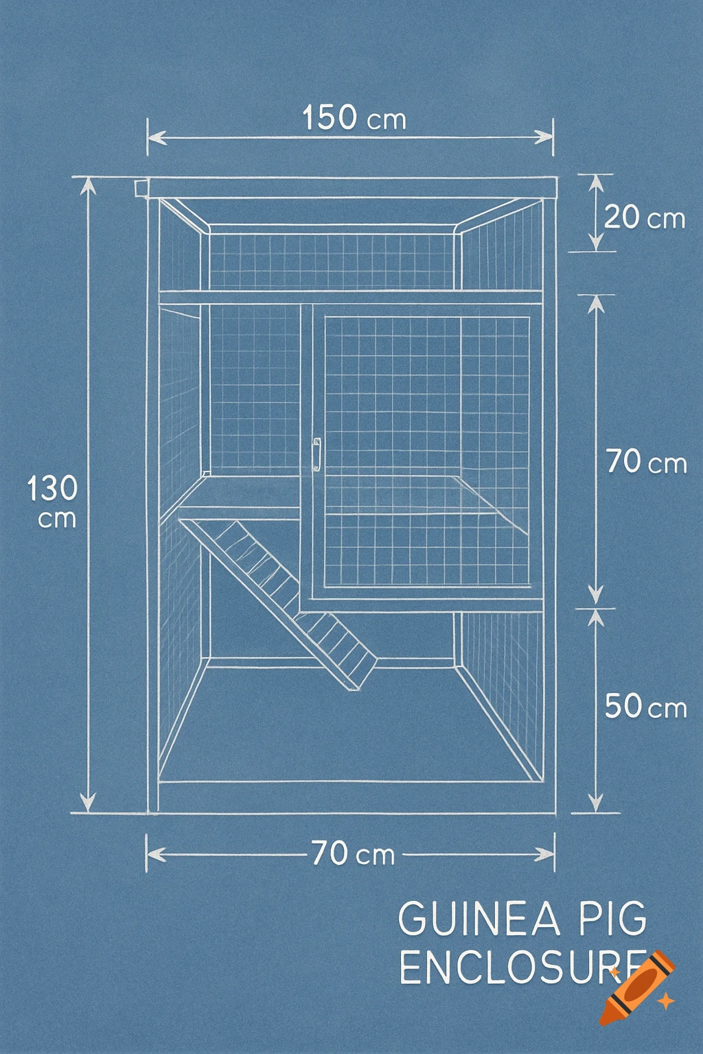 A blueprint diagram of a two-story guinea pig enclosure with dimensions labeled in centimeters.
