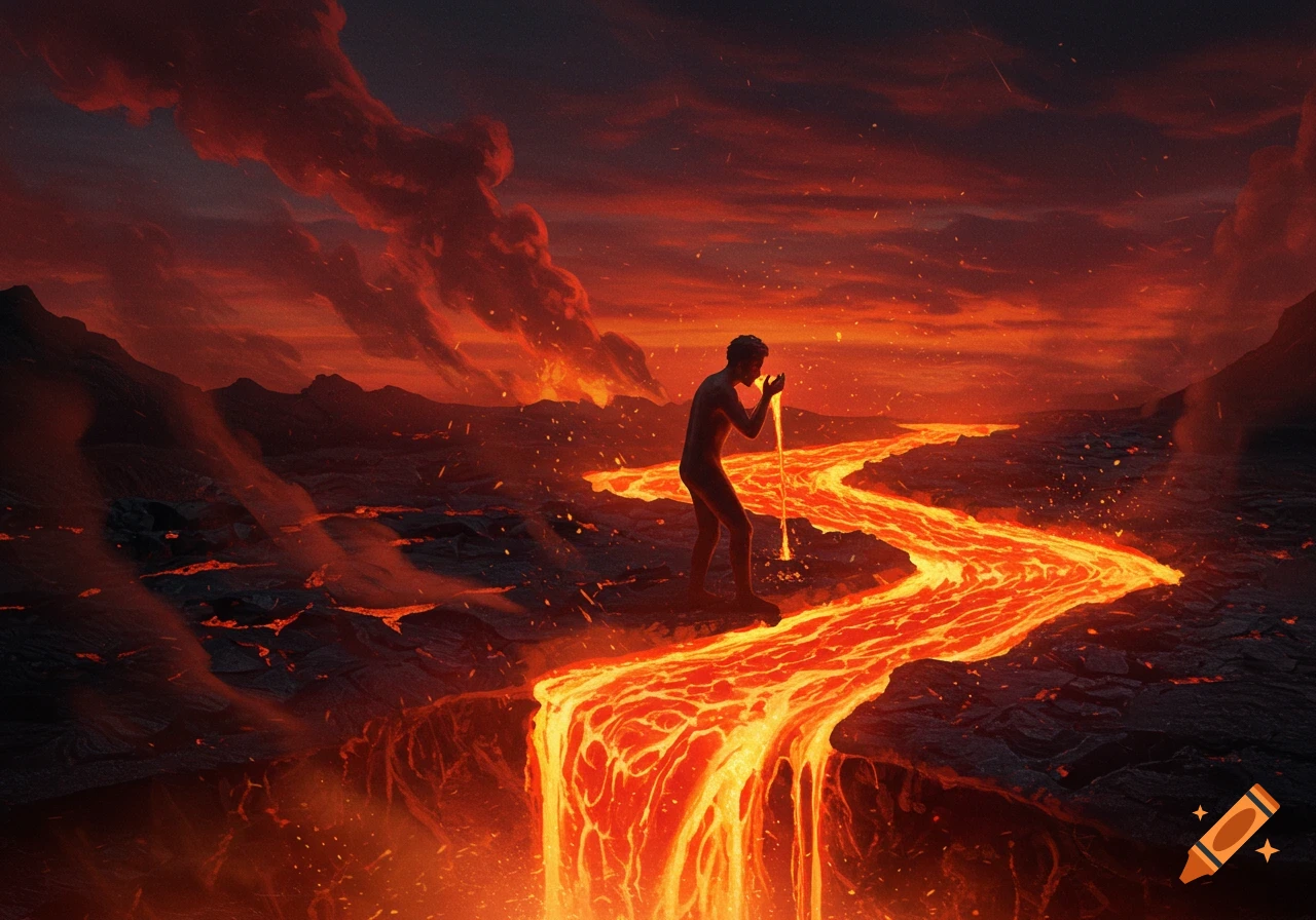 A man stands in a volcanic landscape, drinking glowing orange lava from a magma river, under a fiery red sky.