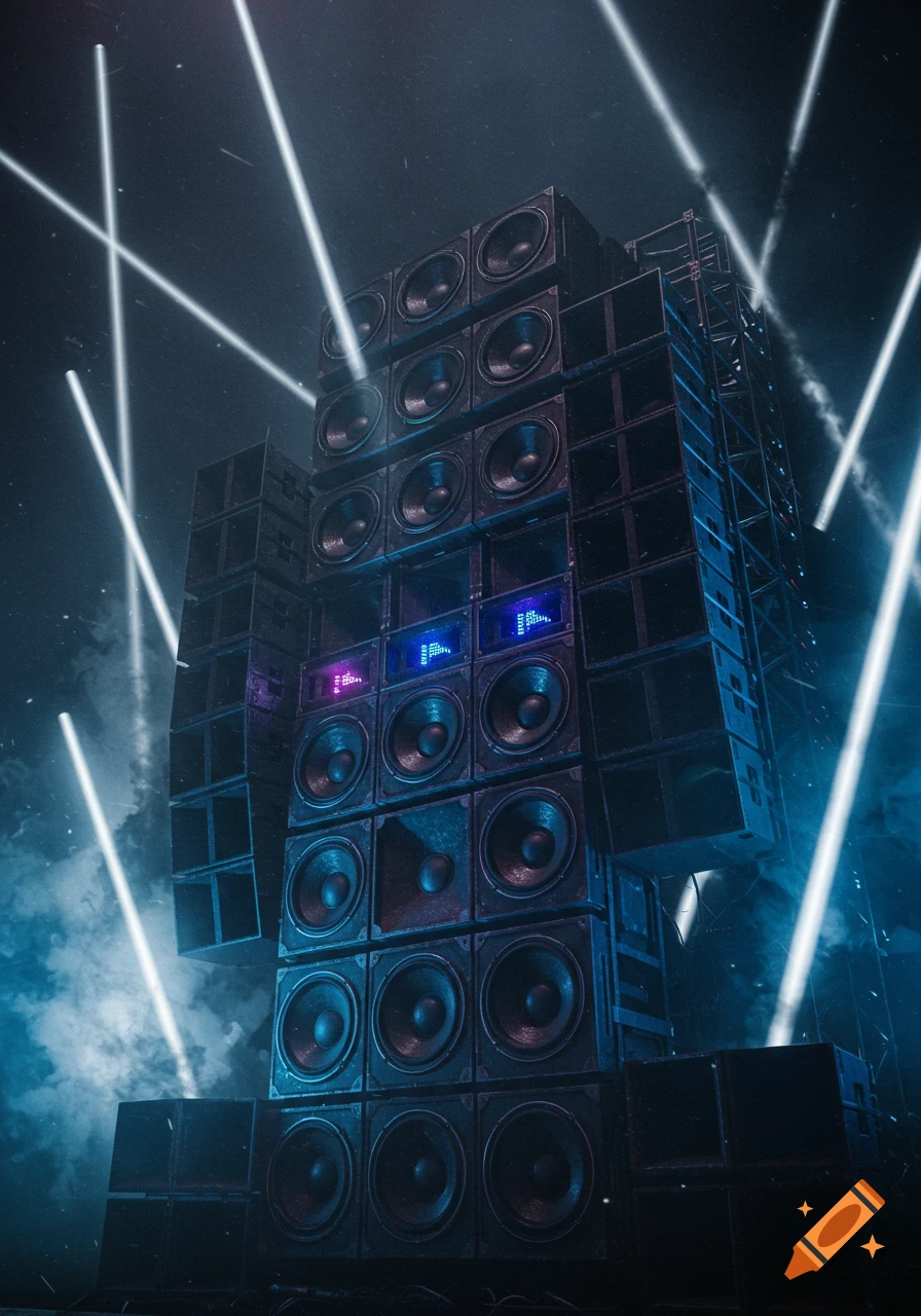 A towering stack of large audio speakers and subwoofers, illuminated by bright white stage lights and smoke in a dark, atmospheric setting.