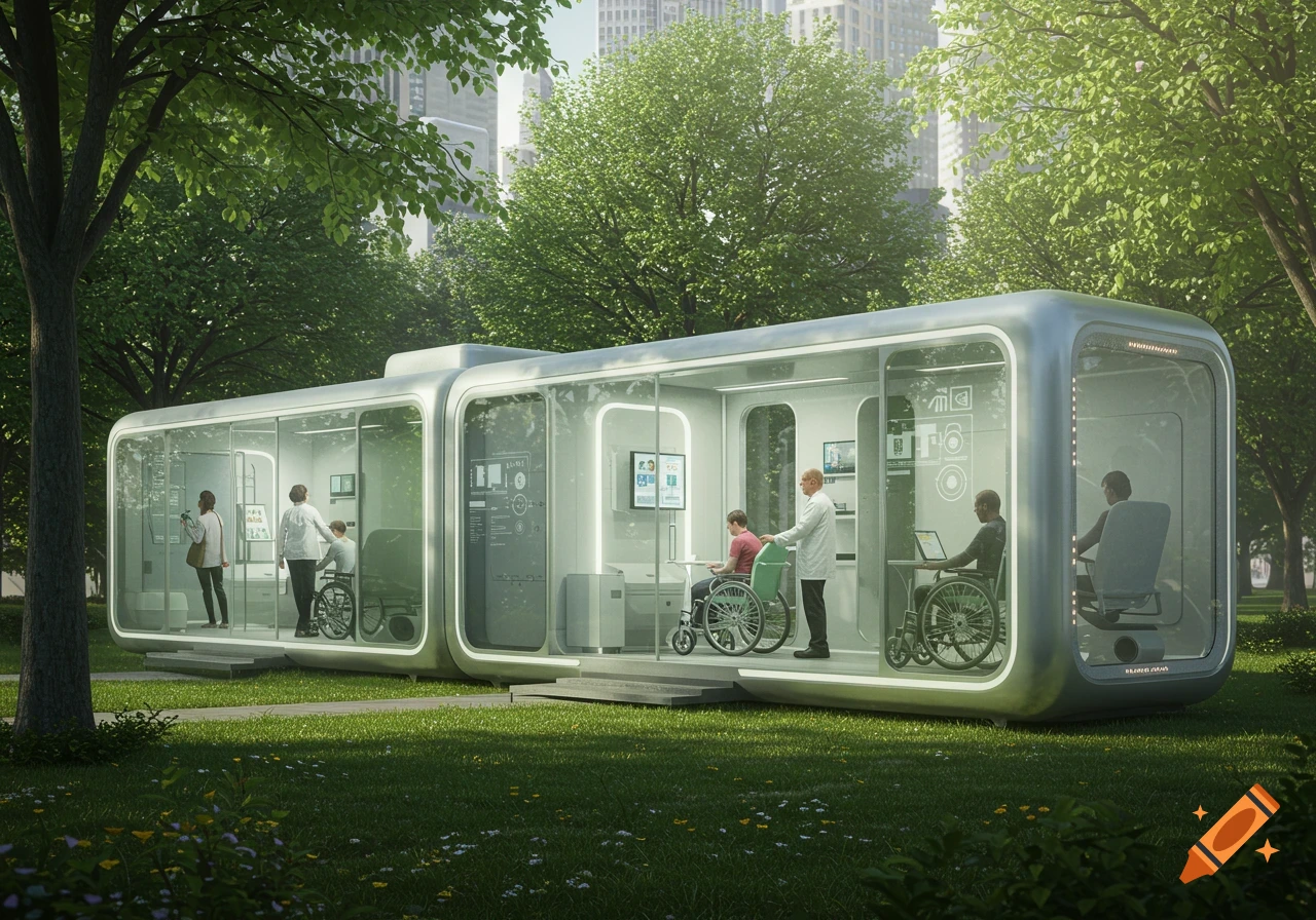 Photorealistic image of futuristic modular medical pods with glass walls in a park, with doctors and patients inside.