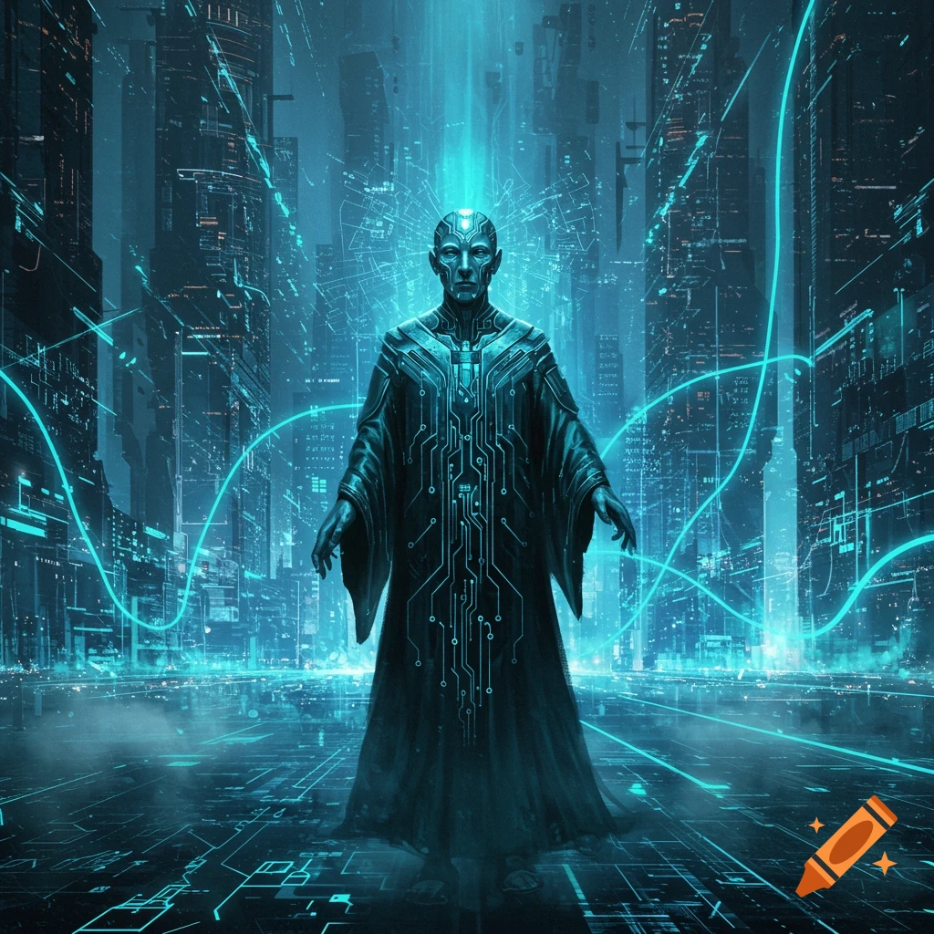 A cloaked, digital-circuit-covered figure stands in a glowing blue futuristic cyberpunk city.