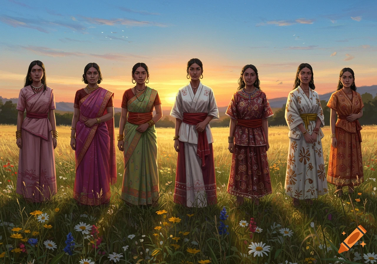 Seven women in vibrant traditional garments stand in a sunlit field with wildflowers at sunset.