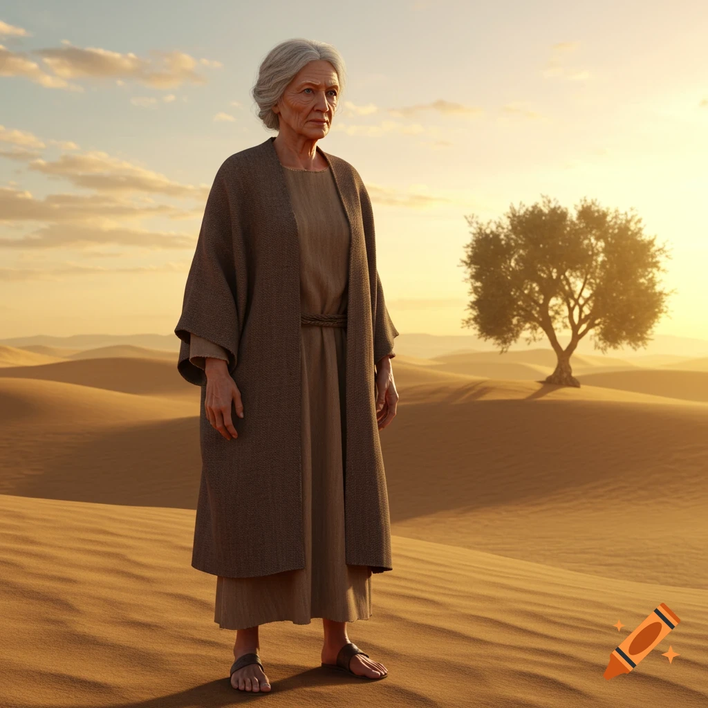 An elderly woman in a robe stands in a desert landscape at sunrise with sand dunes and a lone tree in the background.