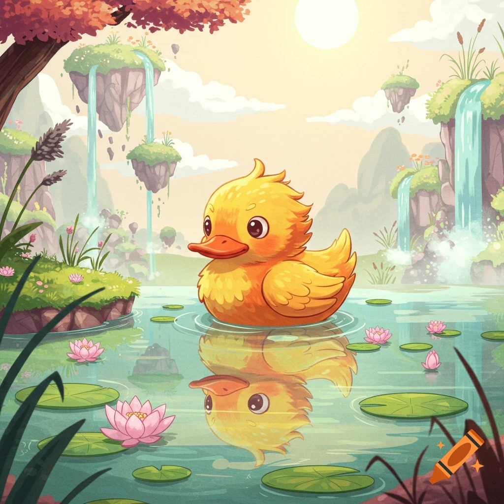 A cute cartoon yellow duckling with an orange beak swims in a pond with  lily pads and pink lotus flowers, reflected in the water. Floating islands  with waterfalls are in the background, image size:1024x1024