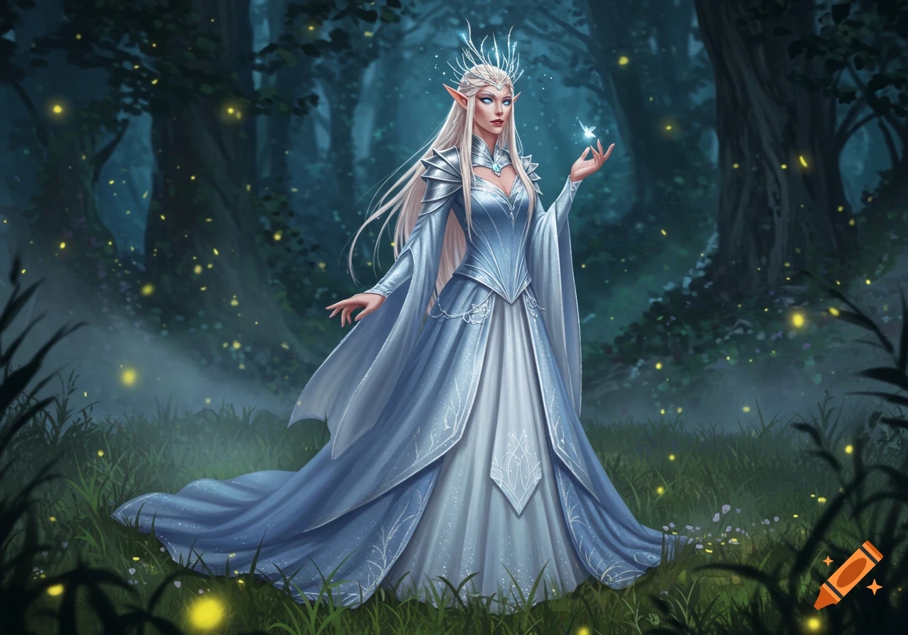 An elven queen with long white hair in a blue and white gown holding a glowing butterfly in an enchanted forest with fireflies.
