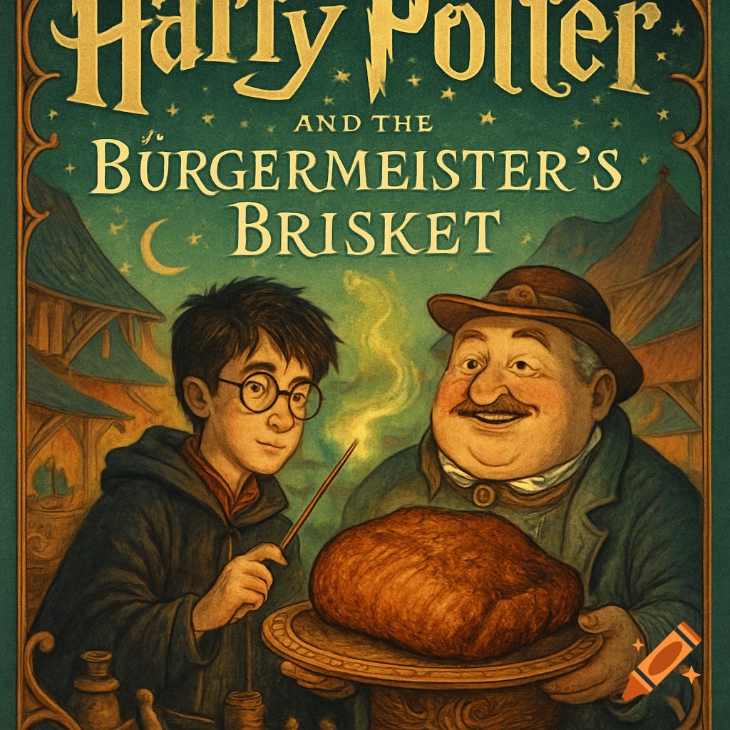 A whimsical book cover showing Harry Potter with a glowing wand next to a man holding a large brisket, against a starry green background.