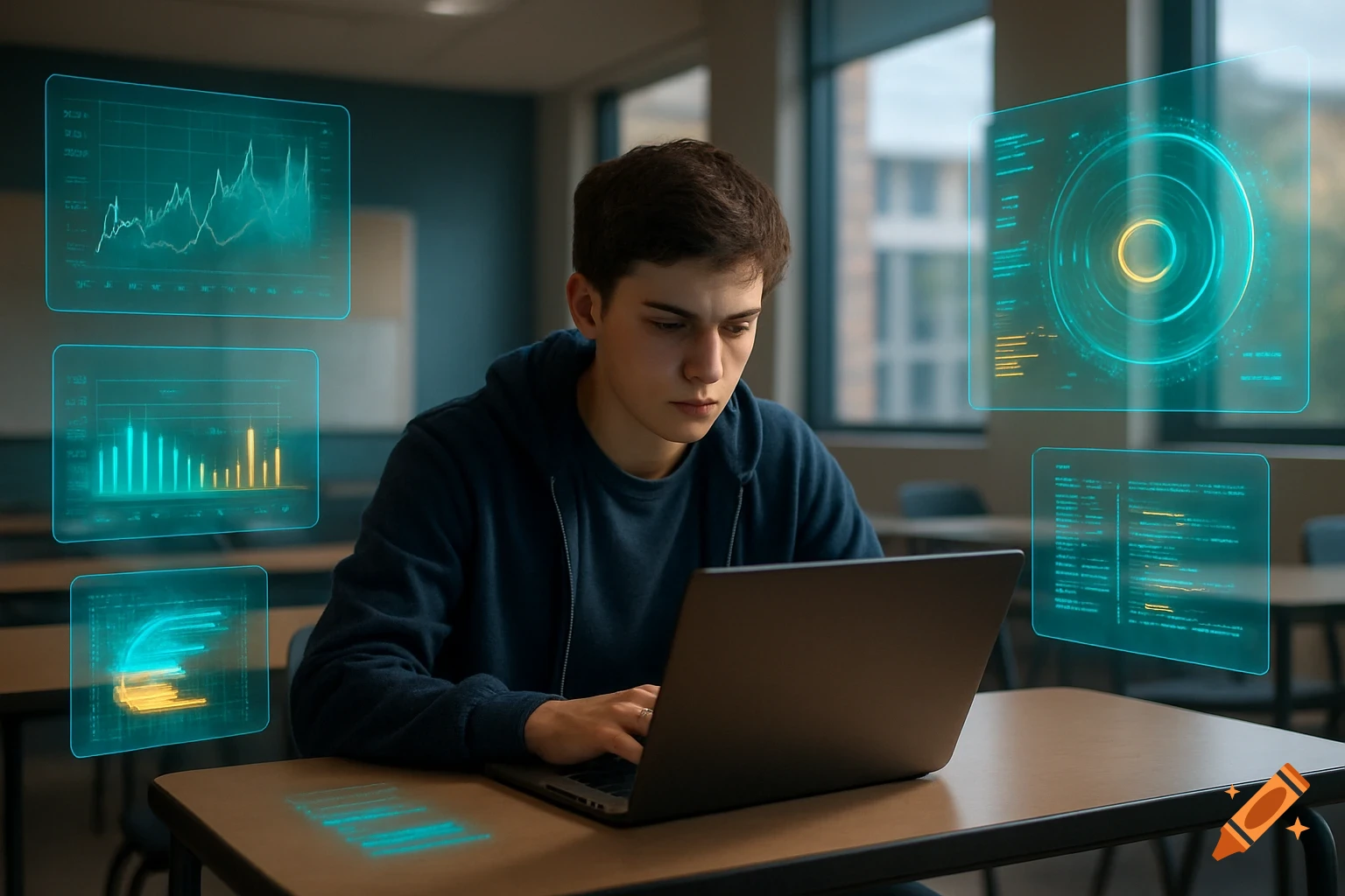 A student in a blue hoodie works on a laptop at a desk, surrounded by glowing blue and yellow holographic charts and data displays in a modern classroom.
