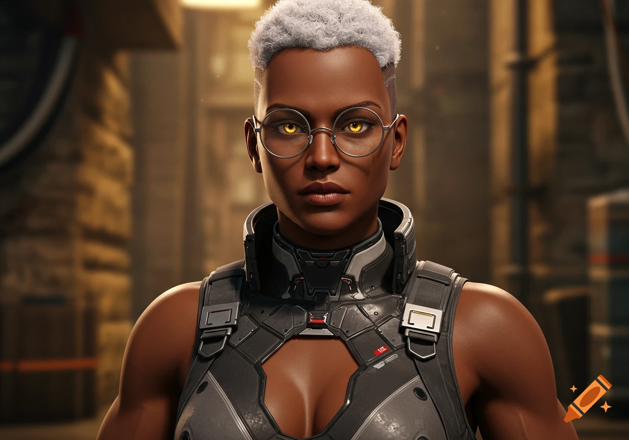 An ultra-realistic anime portrait of a dark-skinned woman with short white hair and glowing amber eyes, wearing glasses and a tactical cyberpunk suit.