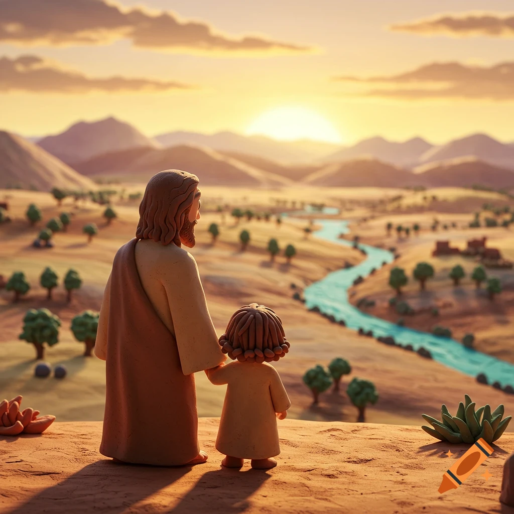 Claymation man and child on a hill overlooking a desert valley with a river at sunset.