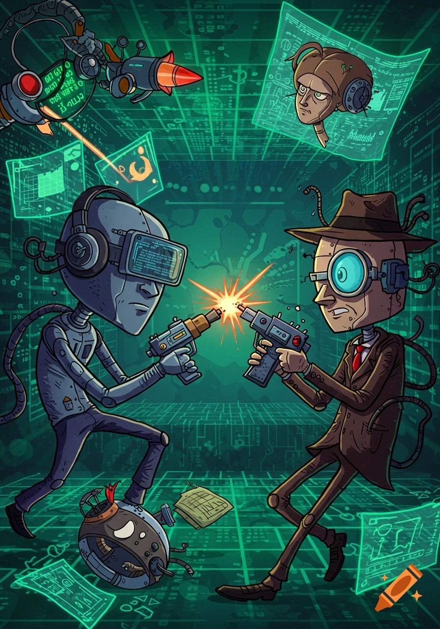 Two stylized robot-like characters in a cartoon style battle with laser guns in a green digital, circuit-board-like environment.