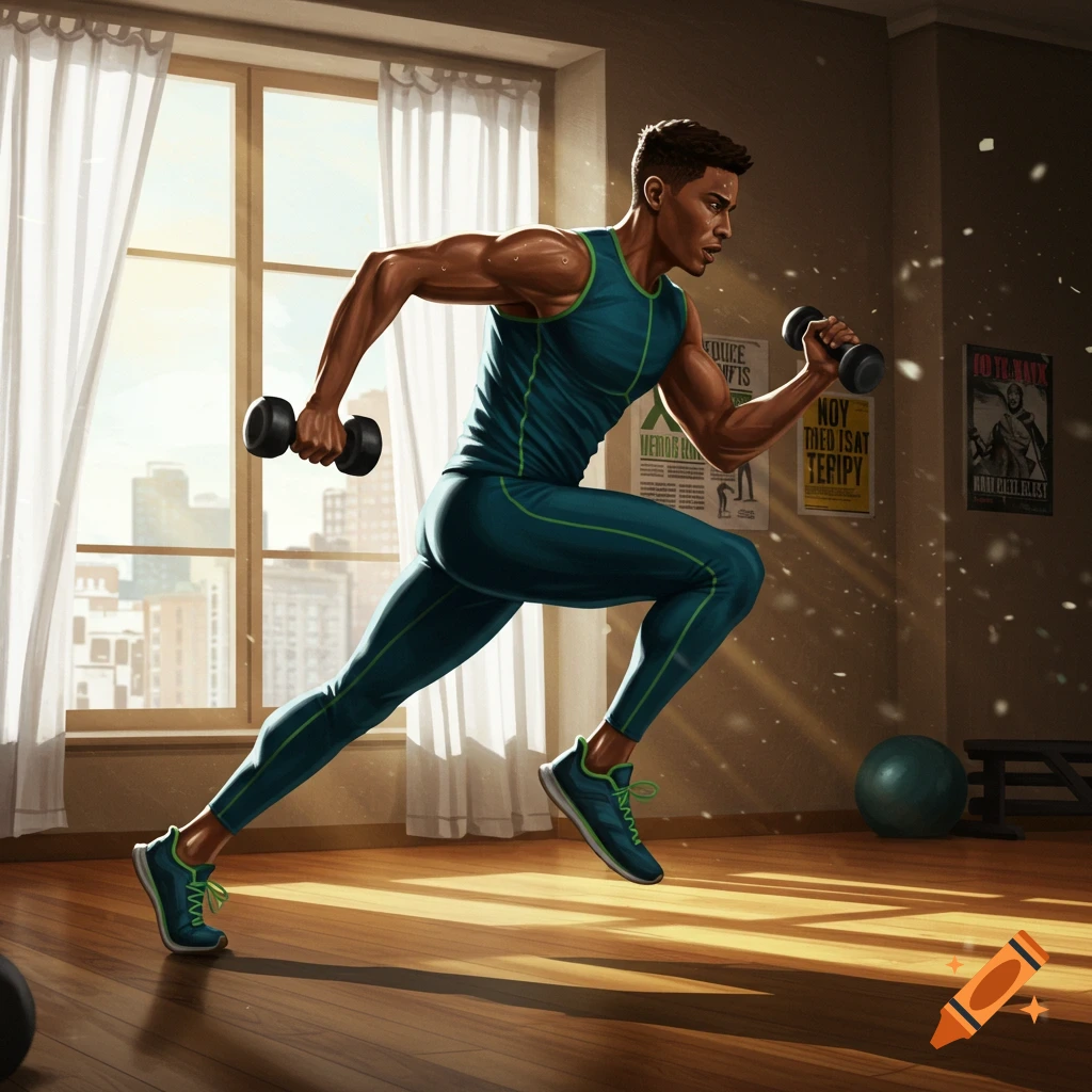 A muscular man in teal athletic wear runs with dumbbells in a sunlit room, cityscape visible through a large window, working out.