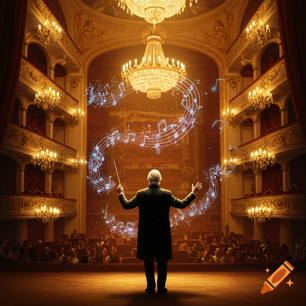 A conductor stands on stage in a grand opera house, back to the viewer, with glowing musical notes swirling above him.