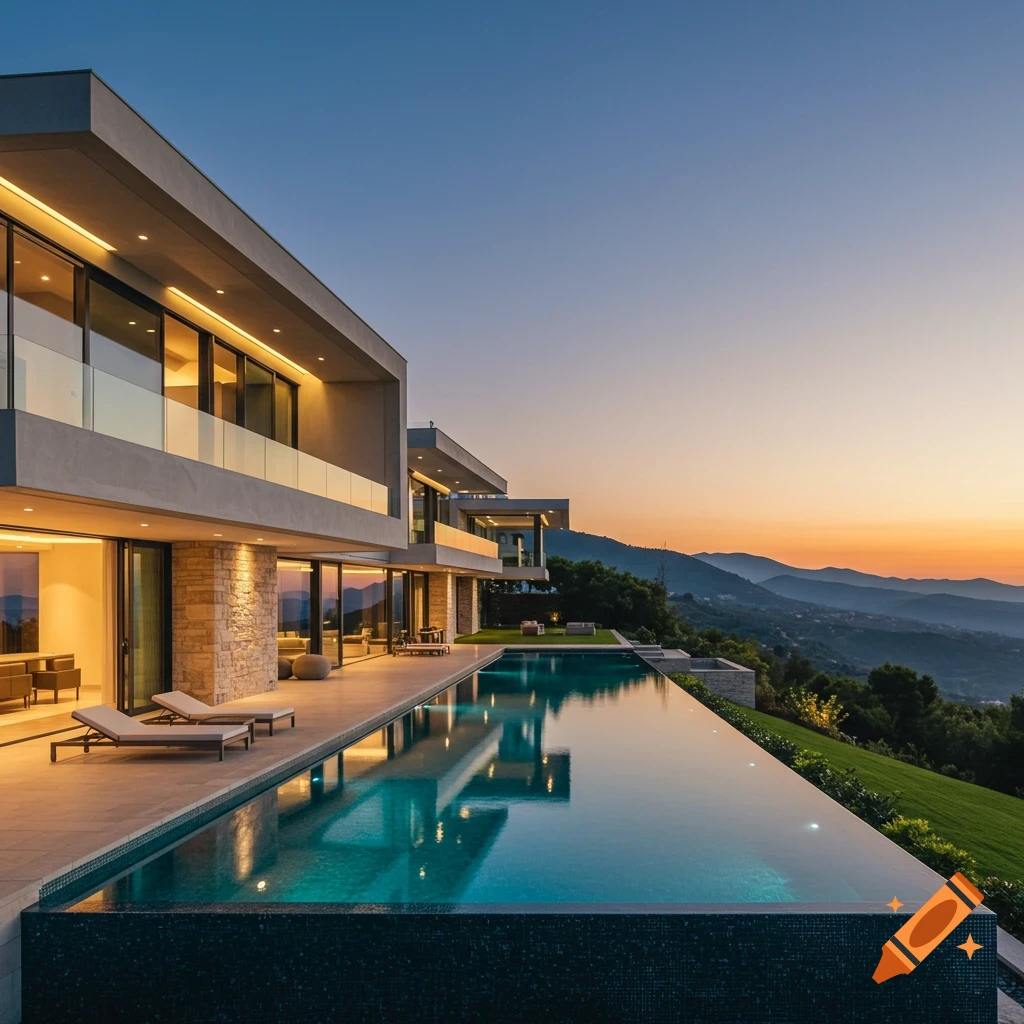 Photorealistic image of a modern luxury house with an infinity pool overlooking a mountain landscape at sunset.