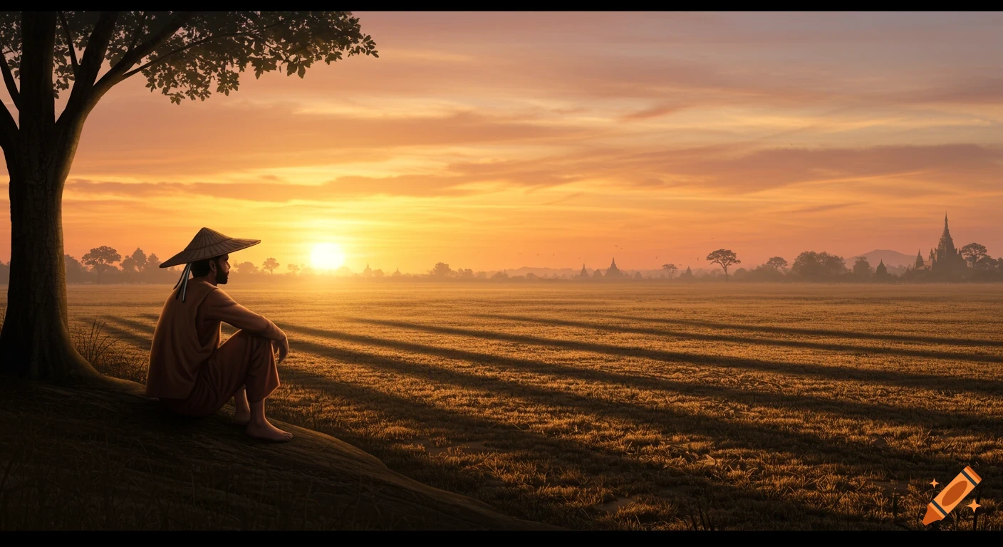 A man in a traditional hat sits under a tree, gazing at a vibrant orange sunset over a wide, golden field with distant temples.