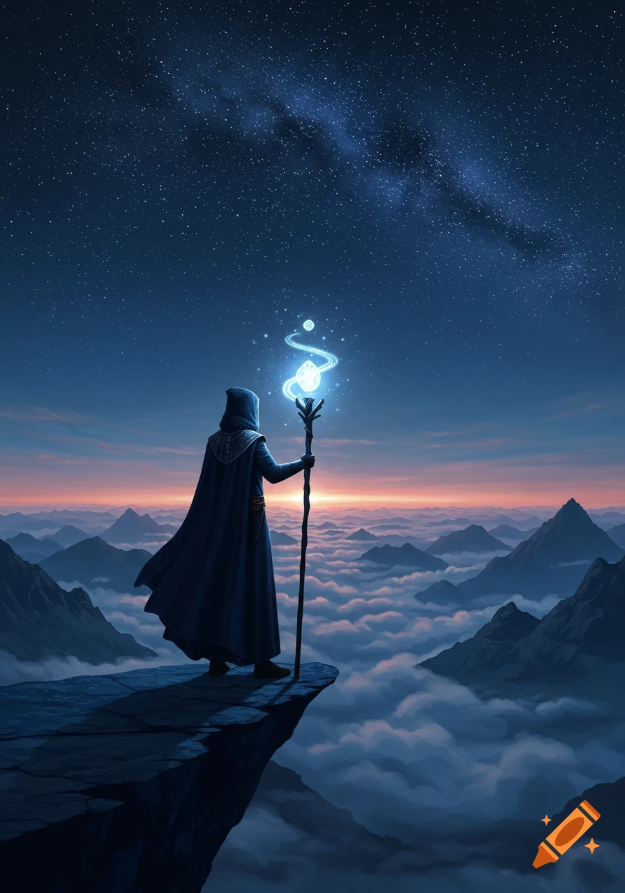 A robed figure holding a glowing staff stands on a cliff overlooking a sea of clouds and mountains under a starry night sky.