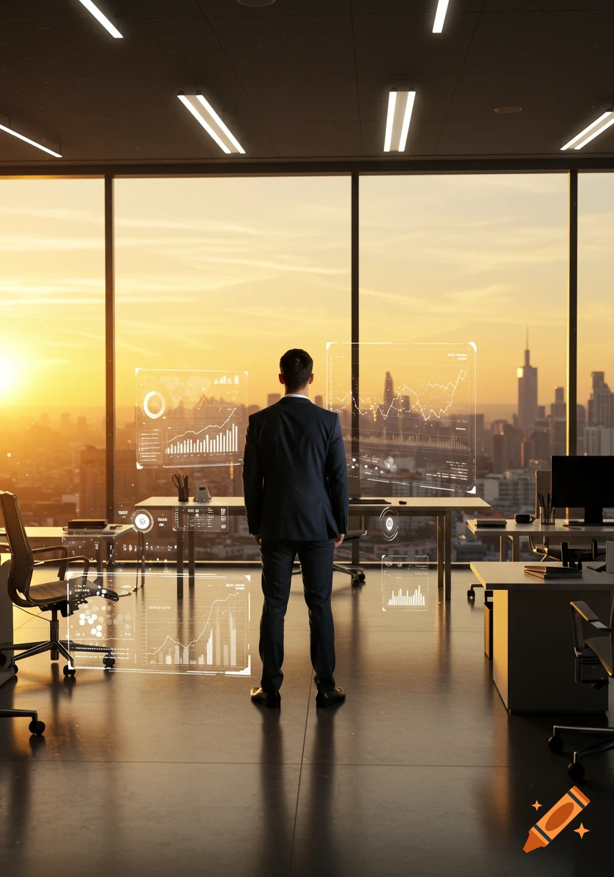 A businessman in a suit stands in a modern office, looking at a sunset city skyline with floating holographic data displays.