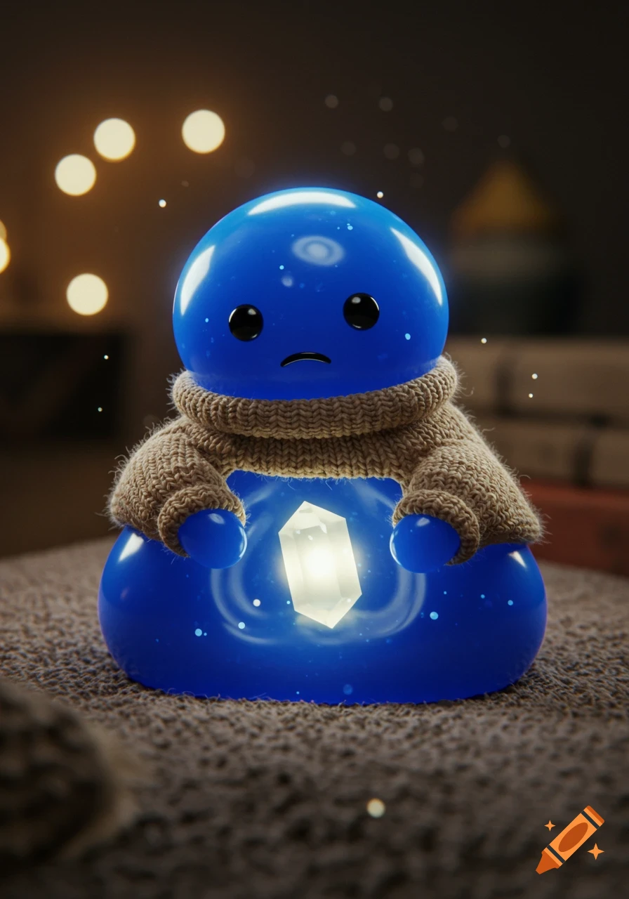 A sad blue blob creature in a knitted sweater holds a glowing crystal, sitting on a textured surface with bokeh lights.