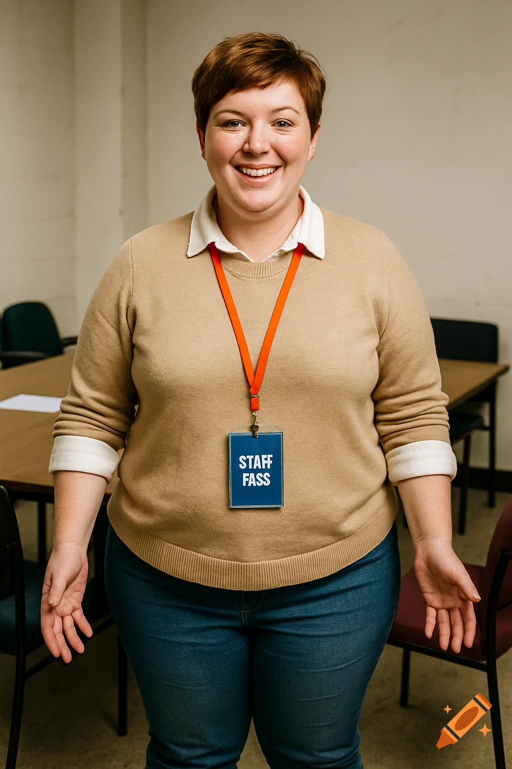 A happy, smiling woman with short brown hair, wearing a beige sweater and blue jeans, stands in a shabby office with an orange lanyard and a blue staff pass.