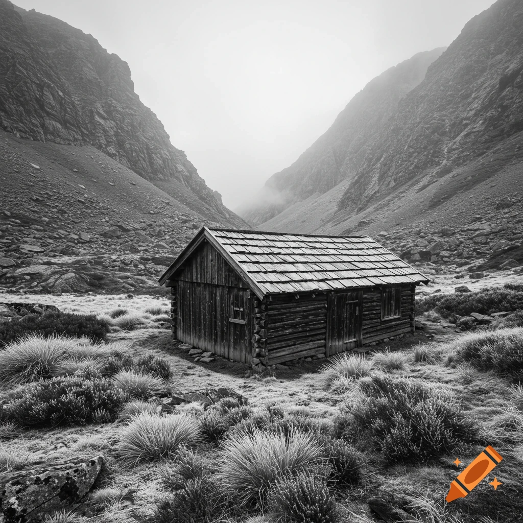 A black and white photo of a rustic wooden cabin nestled in a foggy, rocky mountain valley.