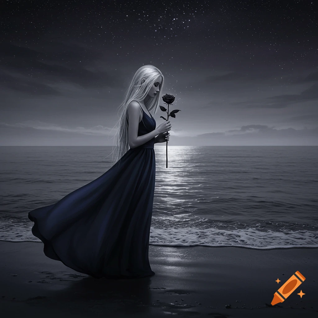 A melancholic woman with long white hair in a dark dress holds a black rose on a moonlit beach under a star-filled sky.