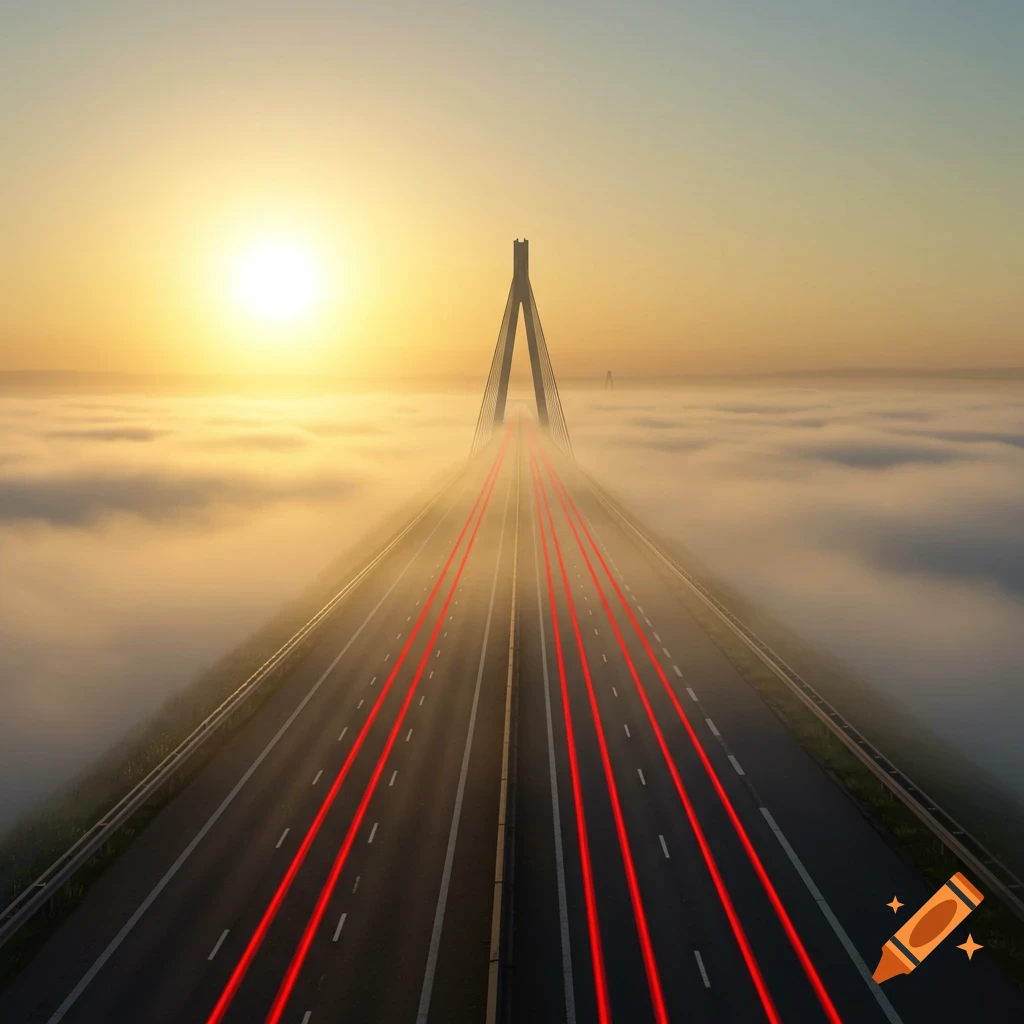 A long highway with red light trails leads to a cable-stayed bridge in a misty landscape with a bright sunset. Photorealistic.