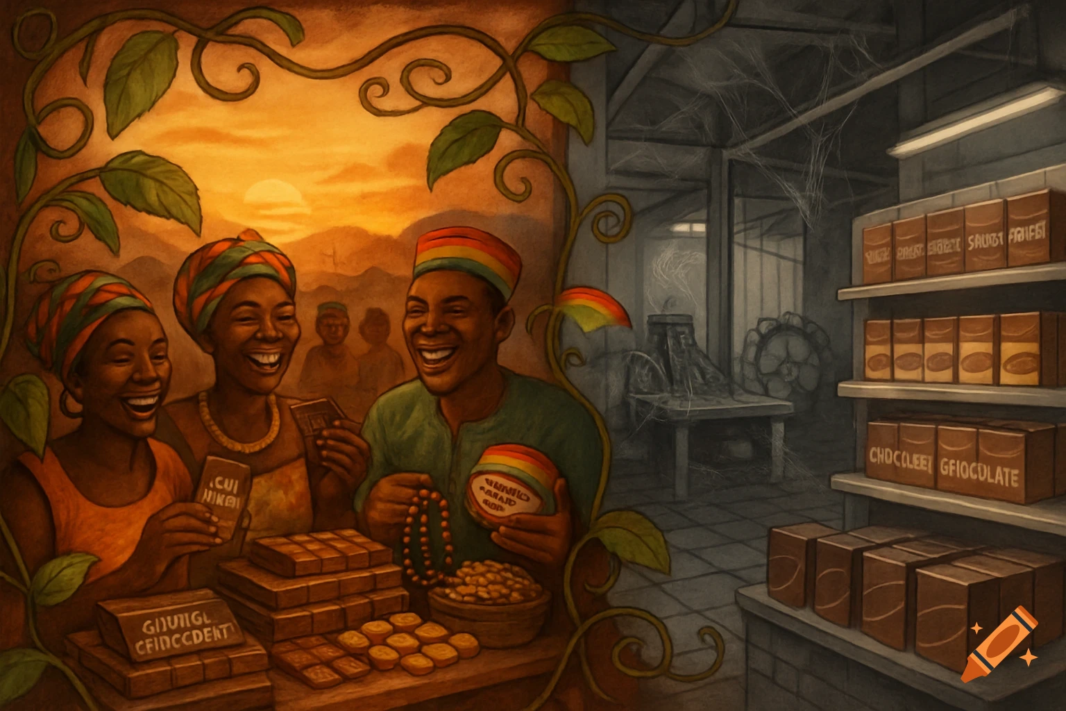 An expressive painting of three smiling people in traditional African attire surrounded by cocoa products, with a dark, industrial factory behind them.