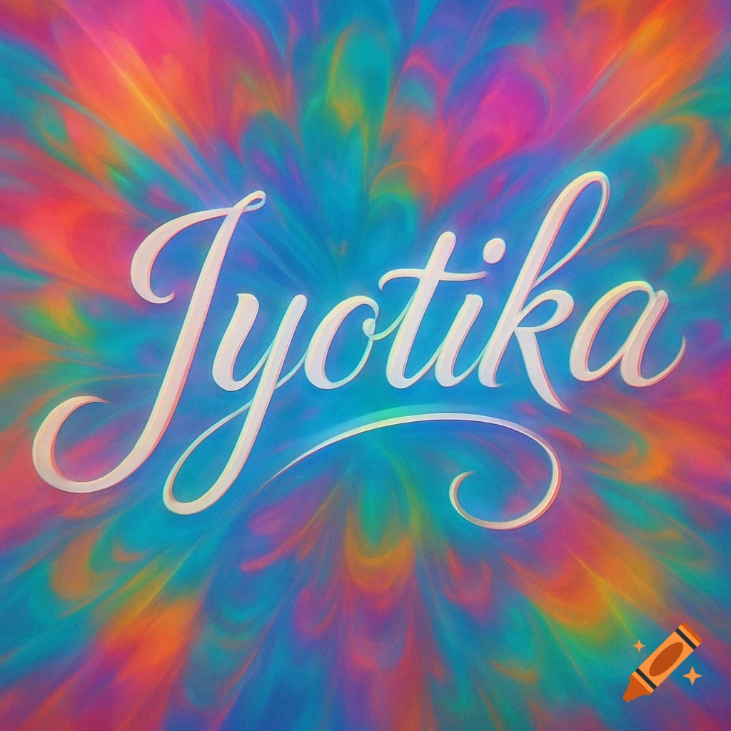 The name 'Jyotika' in white cursive font, set against a vibrant, swirling, tie-dye-like background of multiple bright colors.