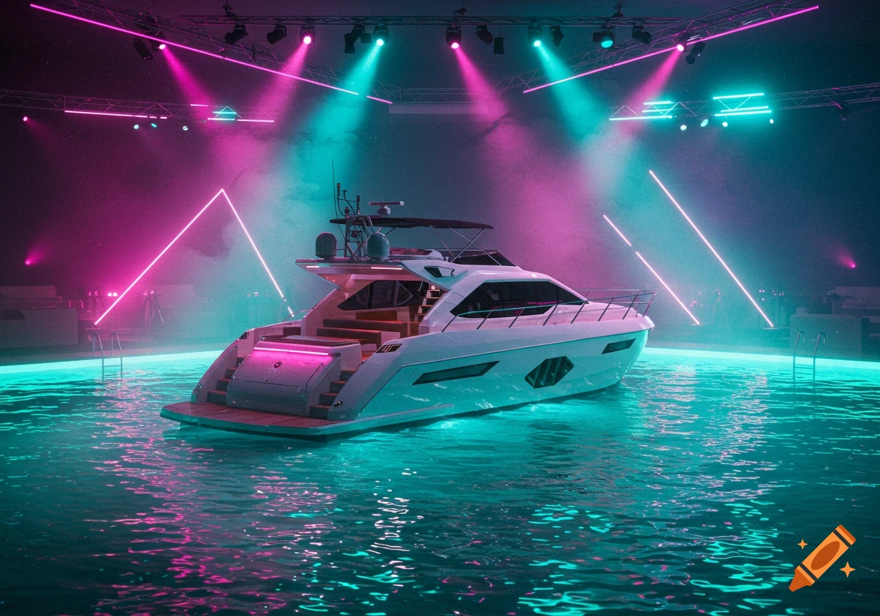 Luxury yacht floating in a glowing turquoise pool under pink and teal neon nightclub lights.