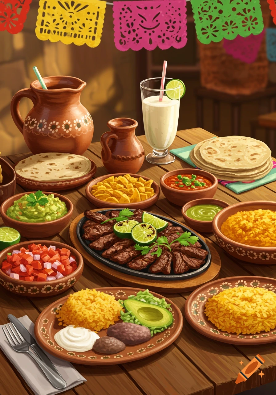 A vibrant Mexican feast on a wooden table, featuring sizzling fajitas, guacamole, salsa, rice, beans, tortillas, and a drink, under colorful papel picado.