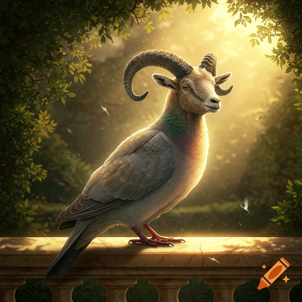 A fantasy creature with a goat's head and horns on a pigeon's body stands on a stone railing in a sunlit, leafy forest.