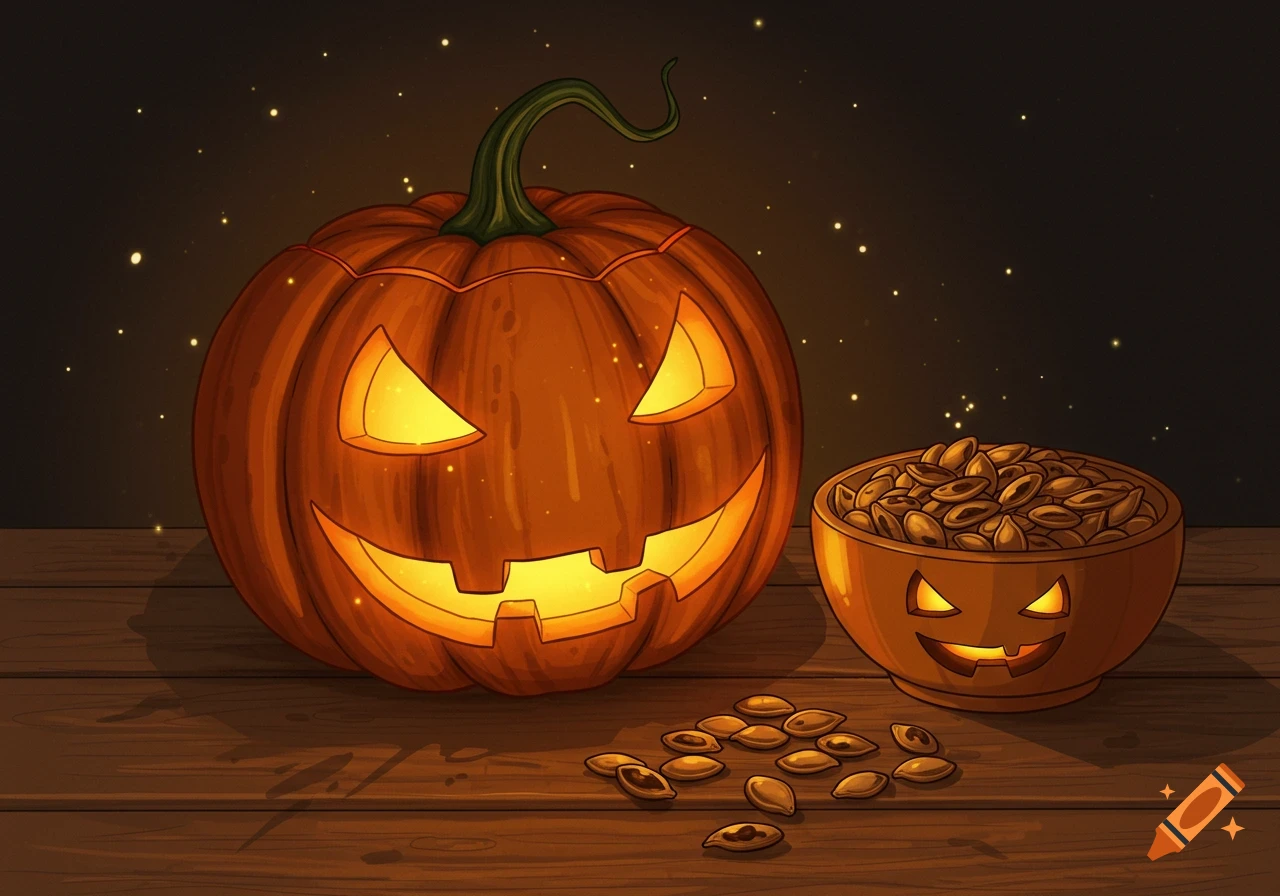 A glowing carved jack-o'-lantern and a festive bowl of roasted pumpkin seeds sit on a wooden table in a hand-drawn illustration.