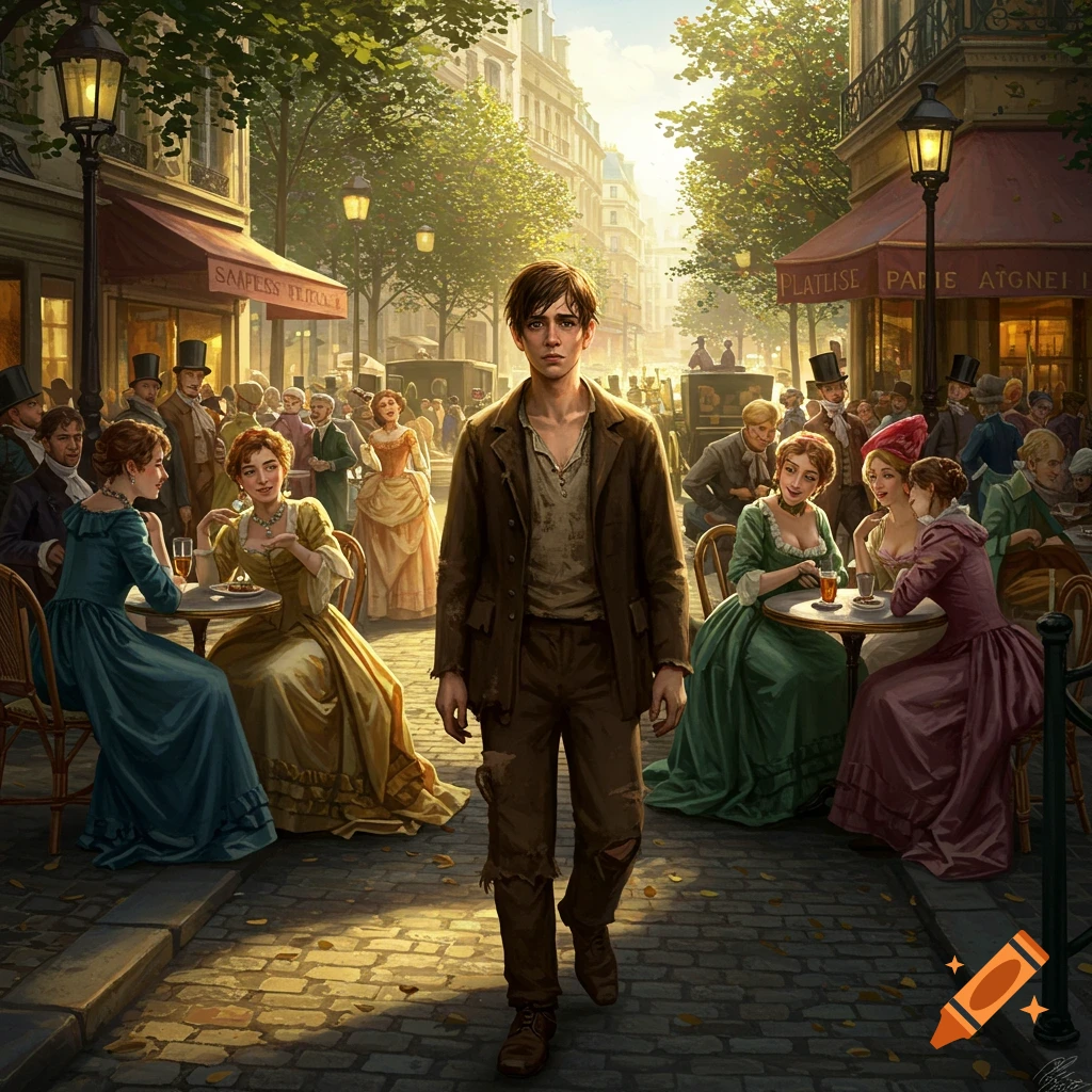 A young poor man in ragged clothes walks on a cobblestone street in 1800s Paris, surrounded by wealthy diners at cafes, detailed illustration.