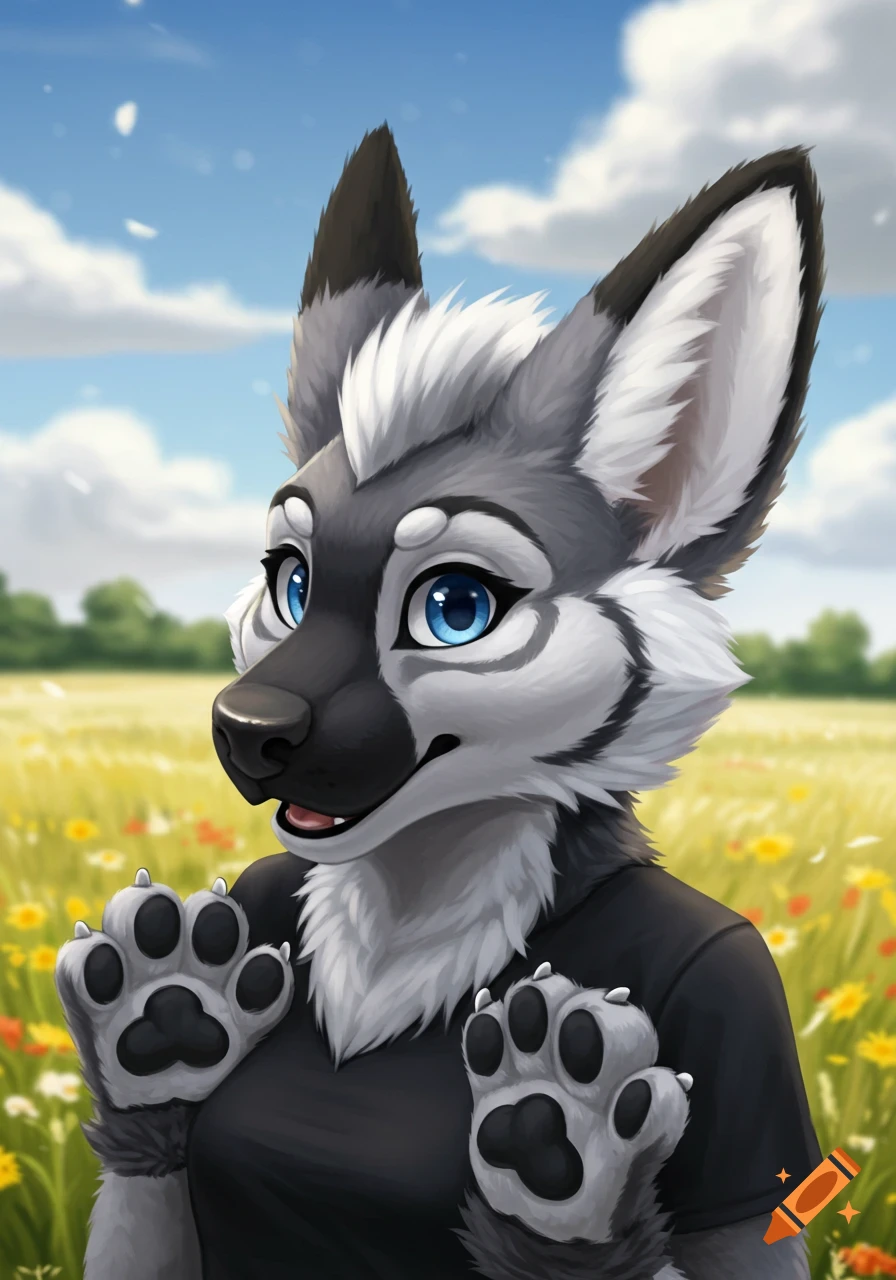 A smiling grey and white furry Dutch Angel Dragon holds up its paw pads in a sunny meadow, digital art.