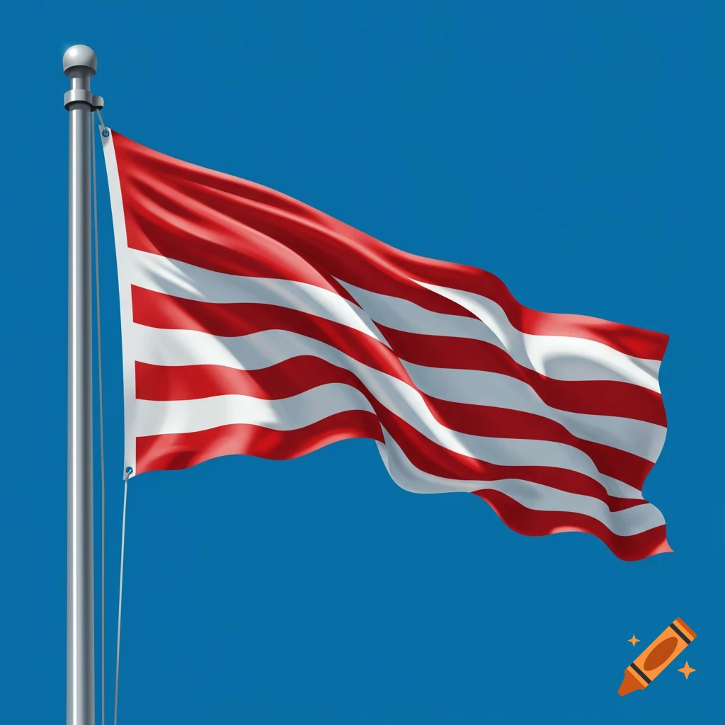 A red and white striped flag waves on a flagpole against a bright blue sky.