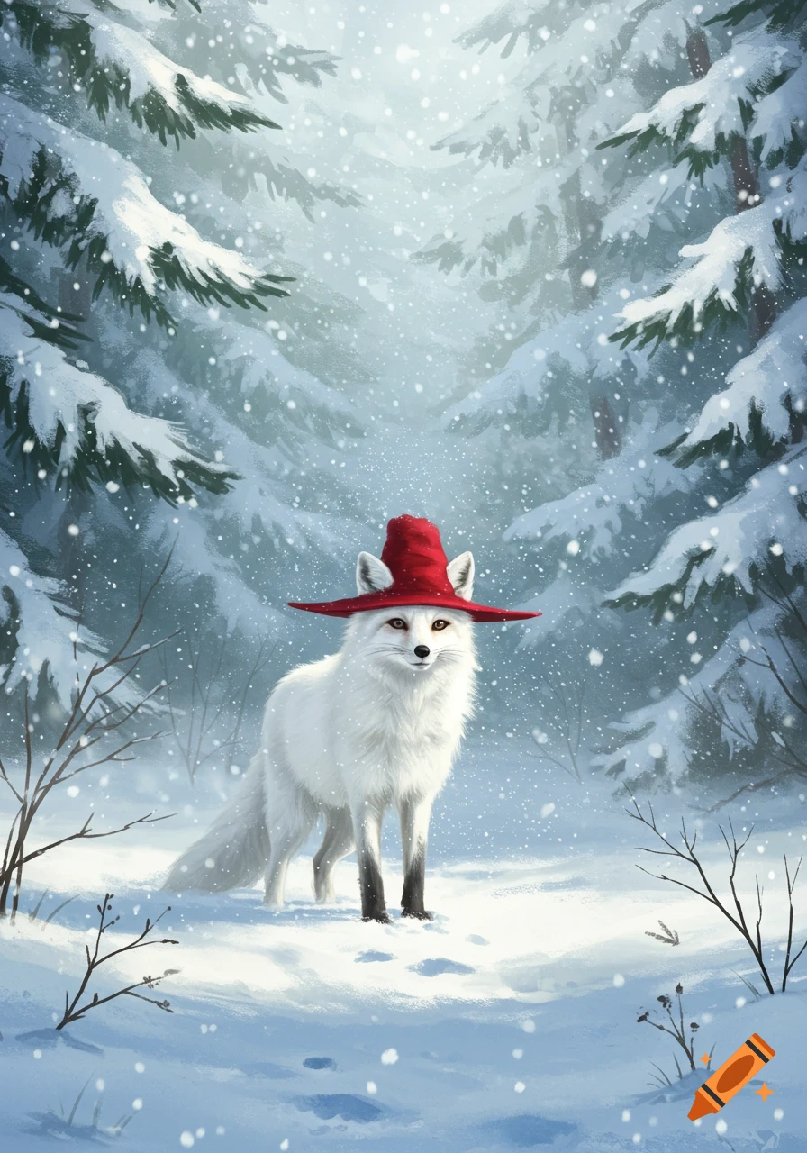 A whimsical white fox wearing a red pointed hat stands in a snowy pine forest with falling snow.