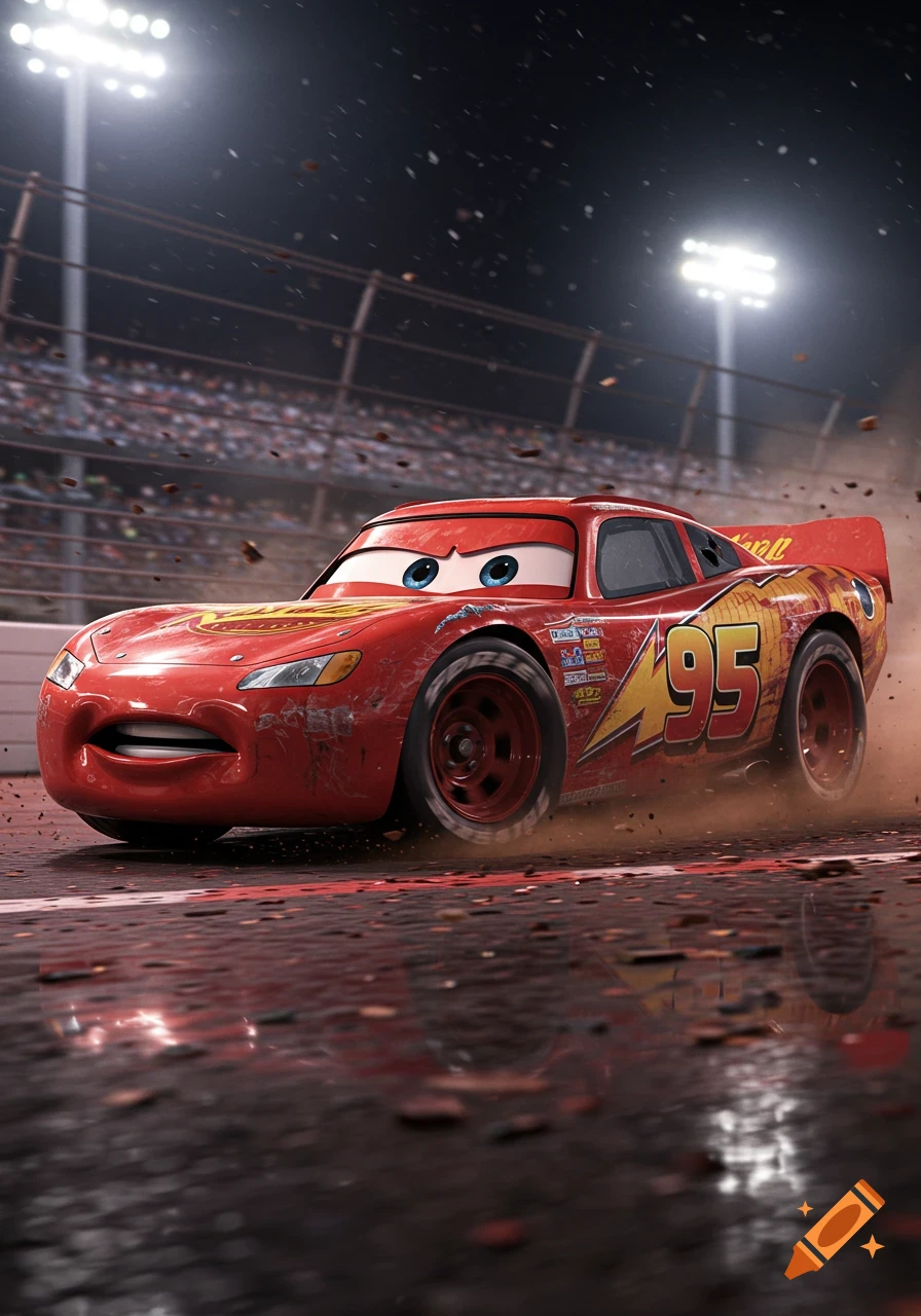 Lightning McQueen, a damaged red race car with '95' on its side, speeds on a wet track at night under bright stadium lights.