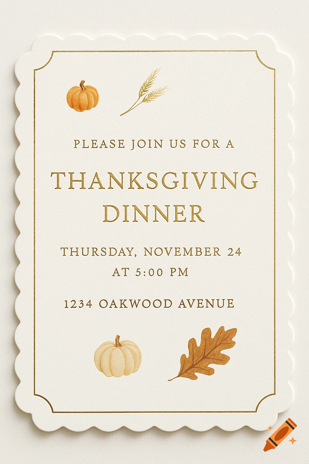 A minimal Thanksgiving dinner invitation card with a scalloped gold border, featuring small pumpkins, wheat, and a fall leaf.