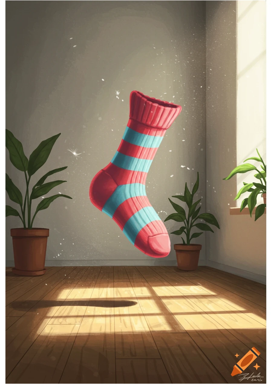 A red and blue striped sock floats in a sunlit room with two potted plants and wooden floor, stylized illustration.