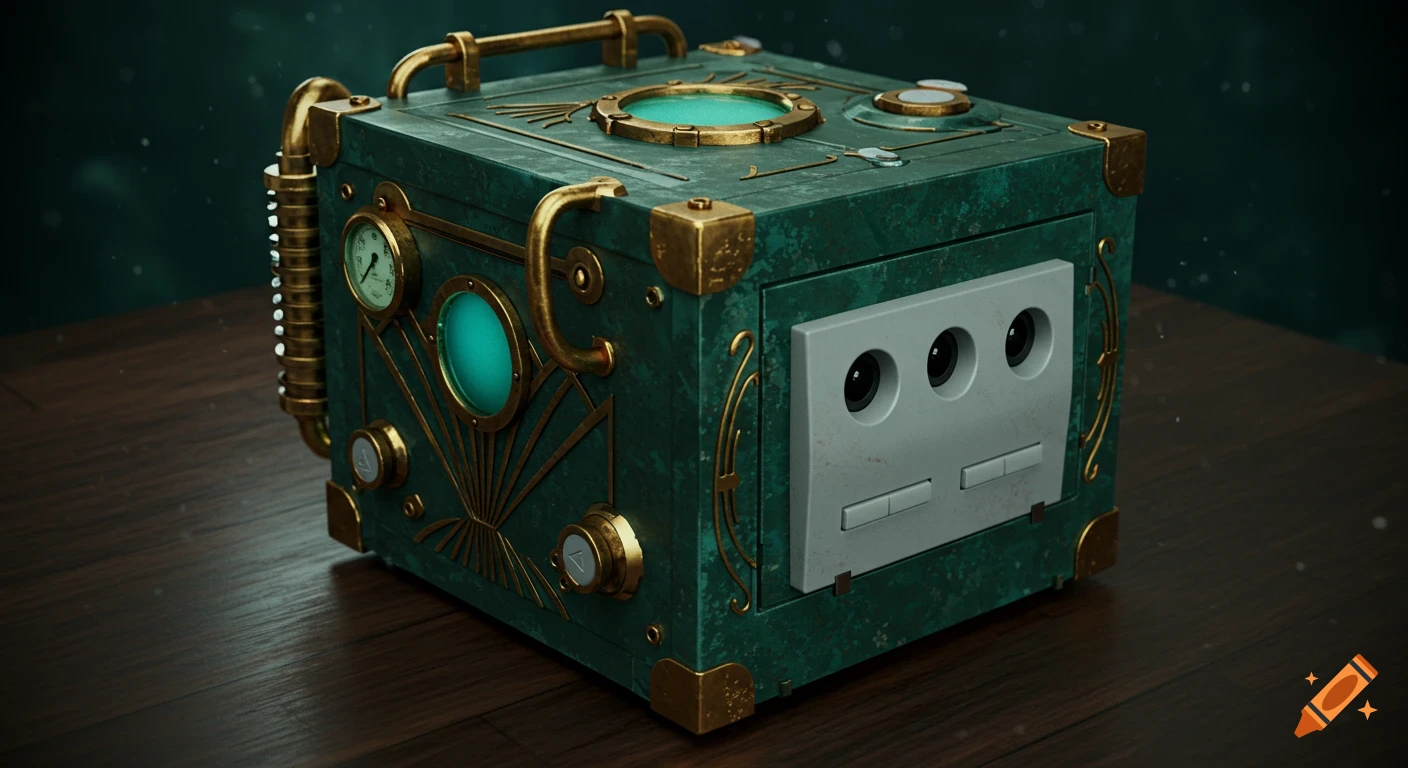 A steampunk-style Nintendo GameCube console, emerald green with brass accents, gauges, and a porthole, on a wooden surface.
