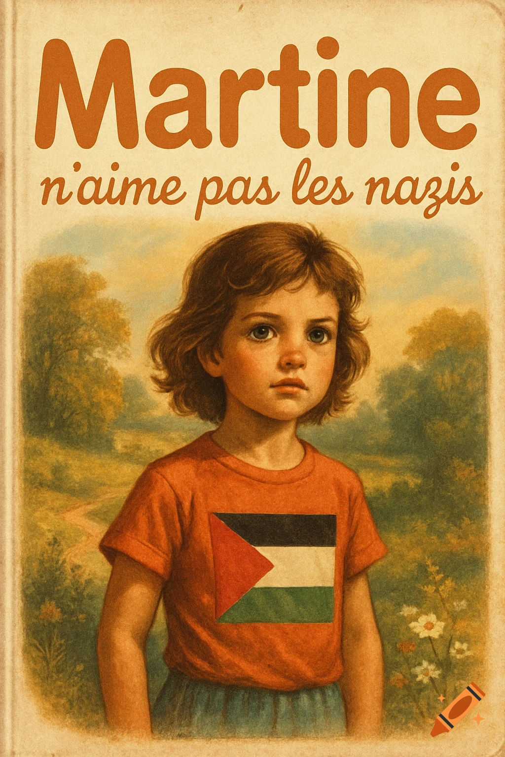 Vintage book cover illustration of a girl in a Palestine flag t-shirt, titled 'Martine n'aime pas les nazis'.