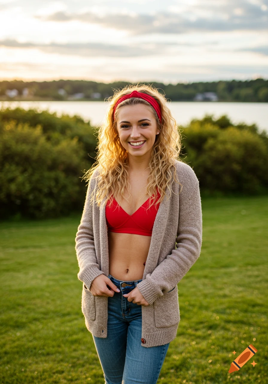 Photorealistic image of a smiling young woman with curly blonde hair and a red headband, wearing a red sports top, cardigan, and jeans, standing in a grassy field by a lake at sunset.