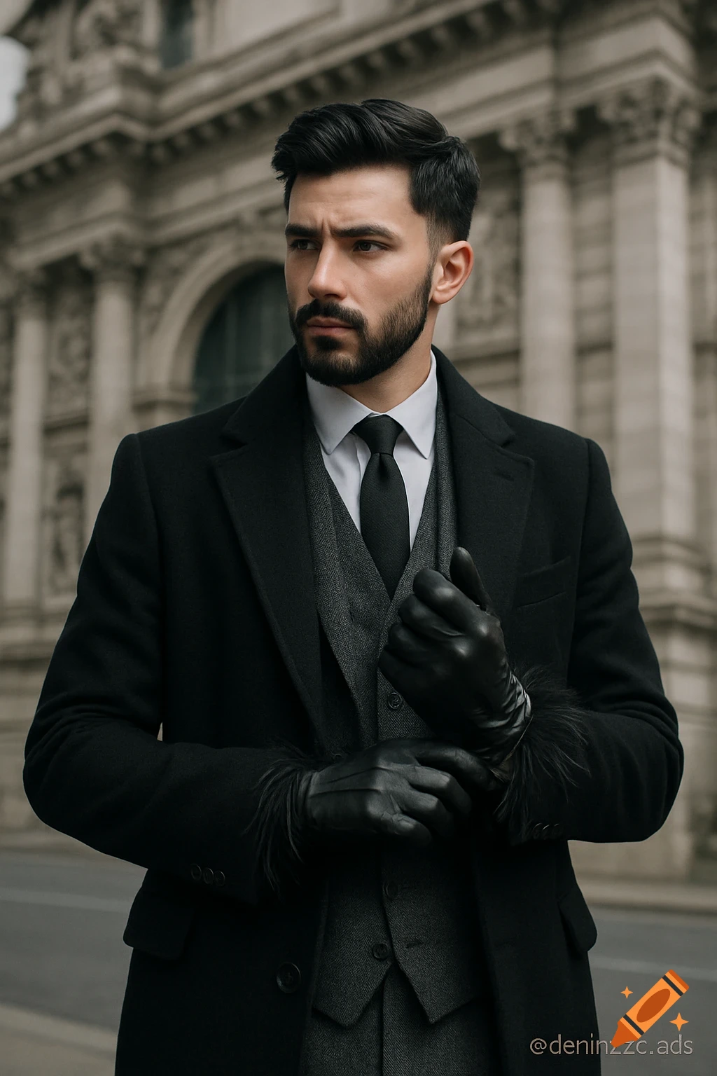 A dapper young man in a black overcoat and grey suit adjusts his black leather feather gloves in front of a classical European building. Photorealistic fashion shot.