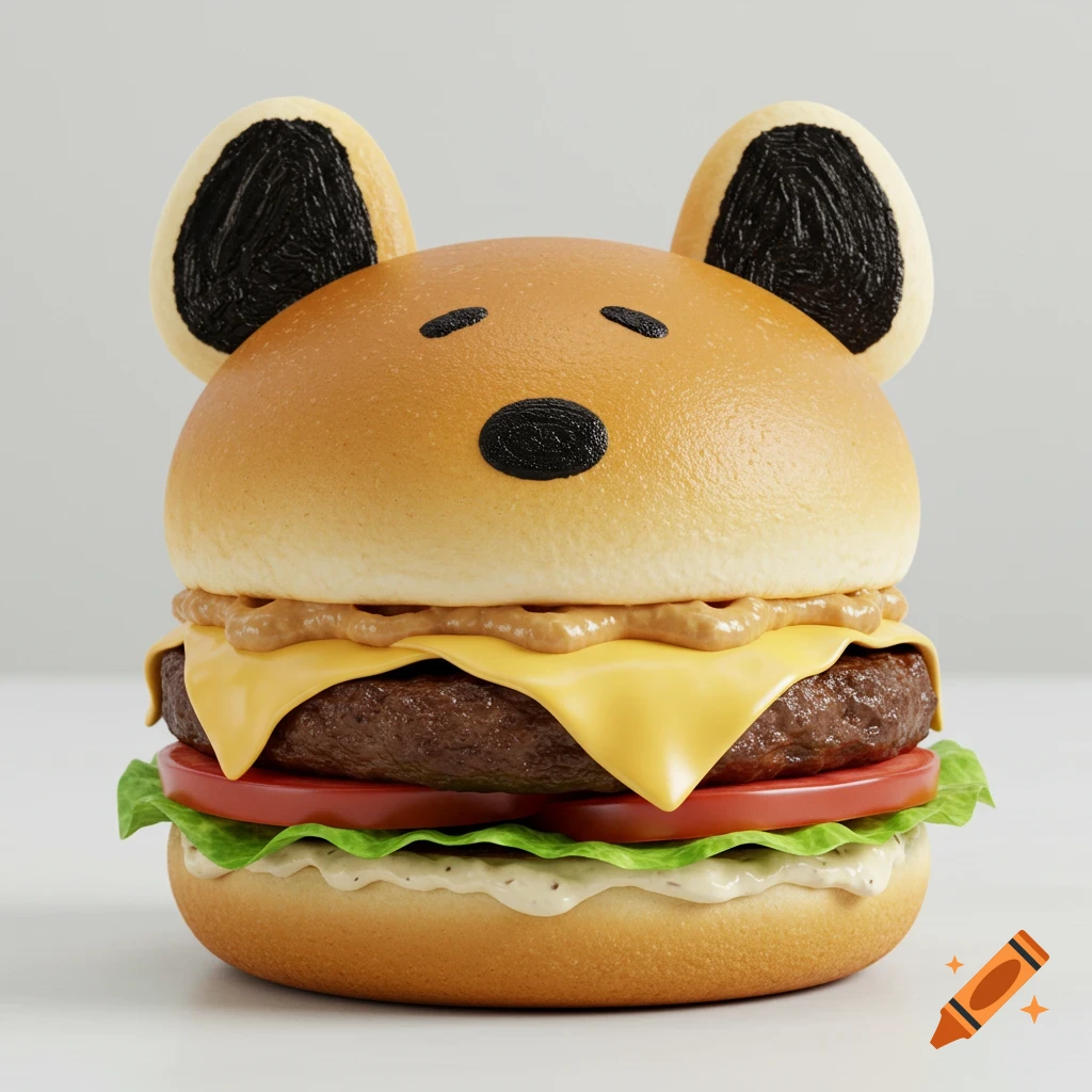 A cartoonish burger styled as Snoopy, featuring a bun with black ears, simple eyes, and nose, over cheese, a patty, peanut sauce, tomato, and lettuce.