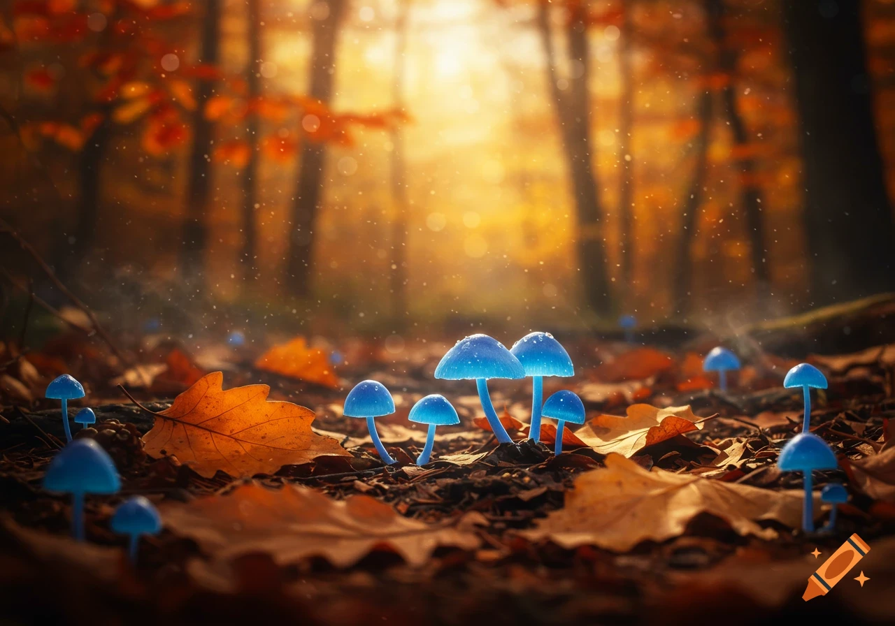 Glowing blue mushrooms among fallen orange autumn leaves on a forest floor with a bright background.