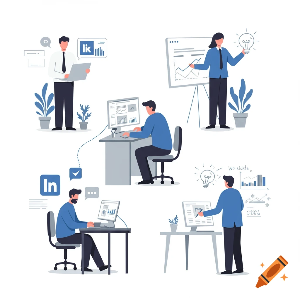 Minimalist illustrations of people in various professional corporate roles, some working on computers, one presenting a chart, and another holding a lightbulb, matching LinkedIn's aesthetic.
