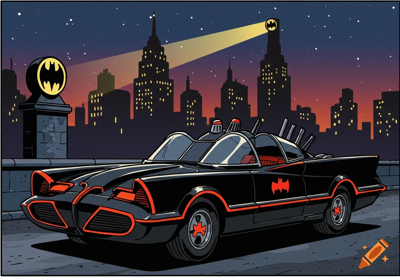 A cartoon Batmobile from the 1966 TV series with red pinstriping and Bat-symbols, parked at night with the Bat-signal shining on a Gotham skyscraper.
