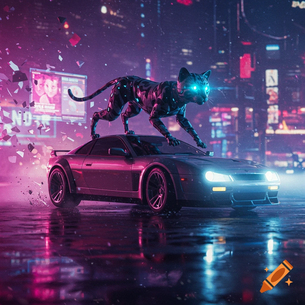 A robotic black cat with glowing blue eyes crouches on a sleek car in a neon-lit cyberpunk city, with reflections on a wet street.